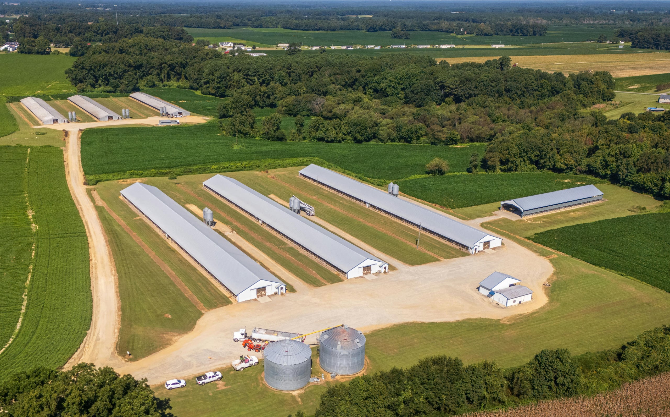 aerial view of large farm in rural setting